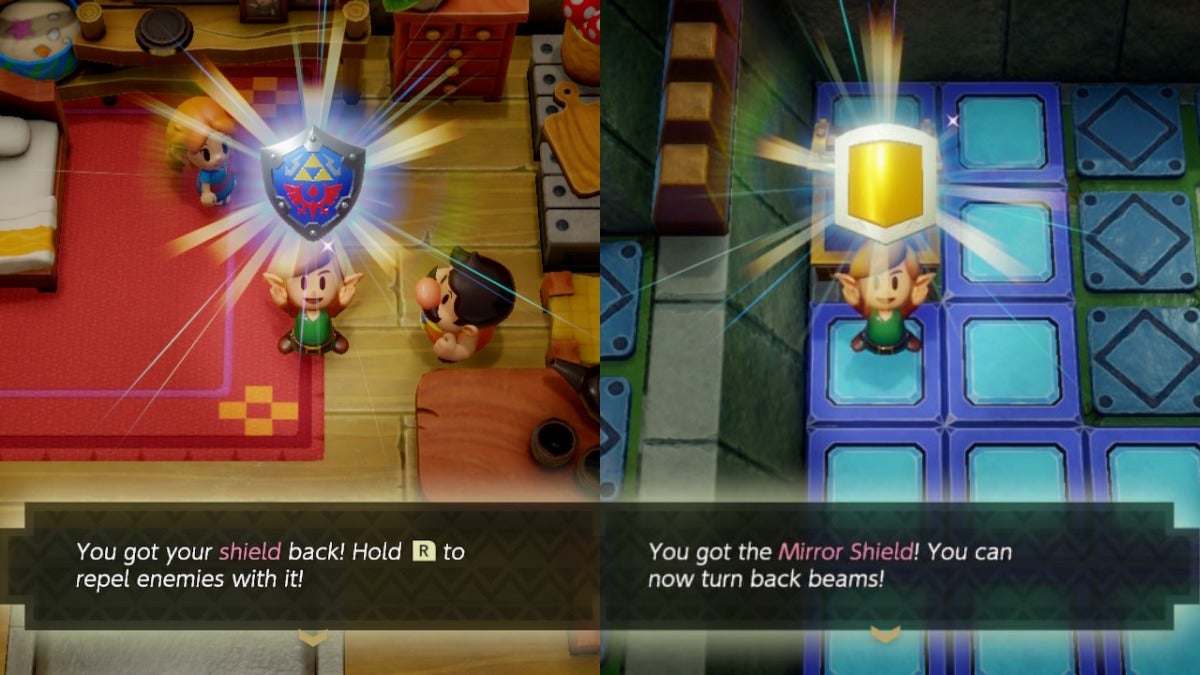 Link holding up the regular Shield in the left image and Link holding up the Mirror Shield in the right image.
