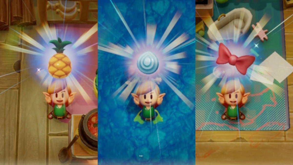 Link holding up a pineapple in the left image, a mermaid's scale in the center image, and a pink bow-like ribbon in the right image.