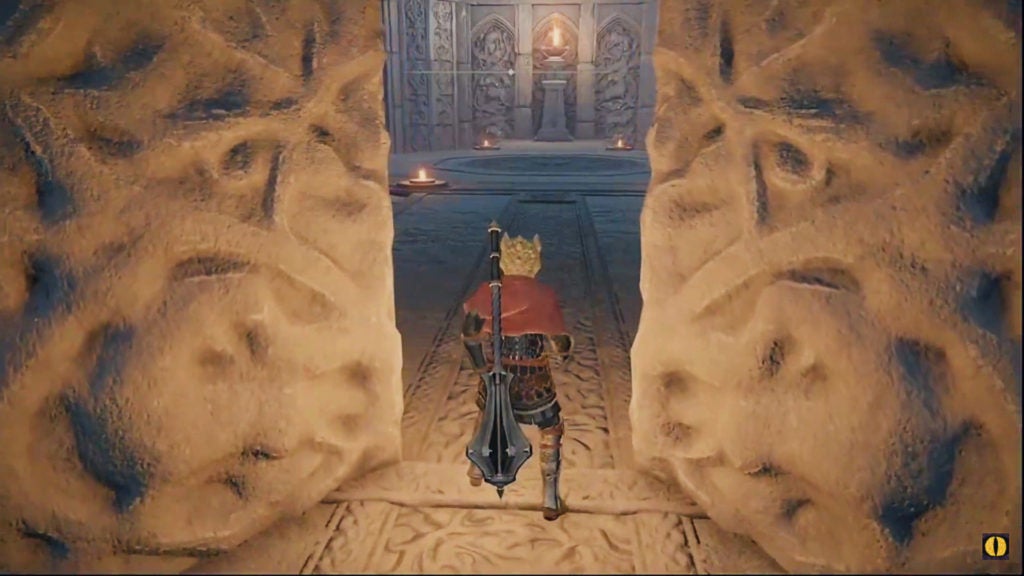 The player opening the doors at the bottom of the divine tower to reveal the lift platform and a torch.