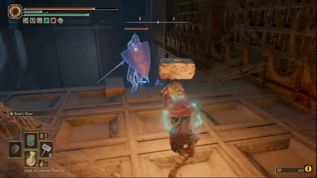 The player with a hammer fighting a blue soldier with a shield and sword summoned by Perceptor Miriam.