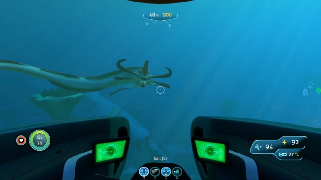 Facing the Reaper Leviathan in Subnautica.