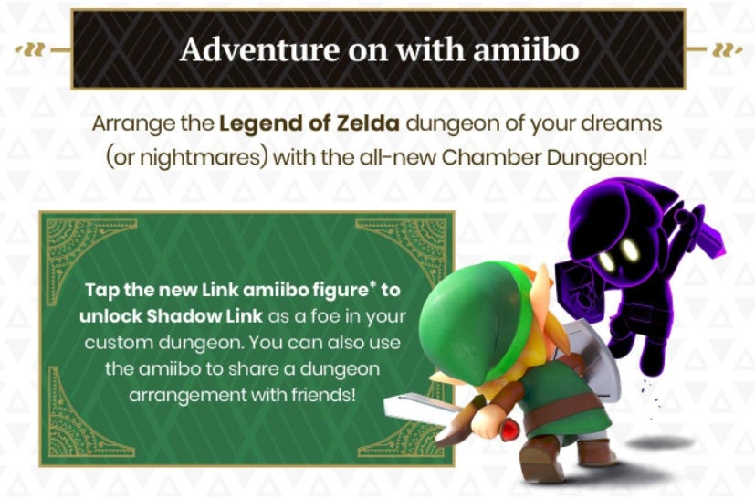 Cropped image from a Nintendo promo email that let's owners of Link's Awakening know that they can scan a Link amiibo to get Shadow Link as an enemy in self-made dungeons.