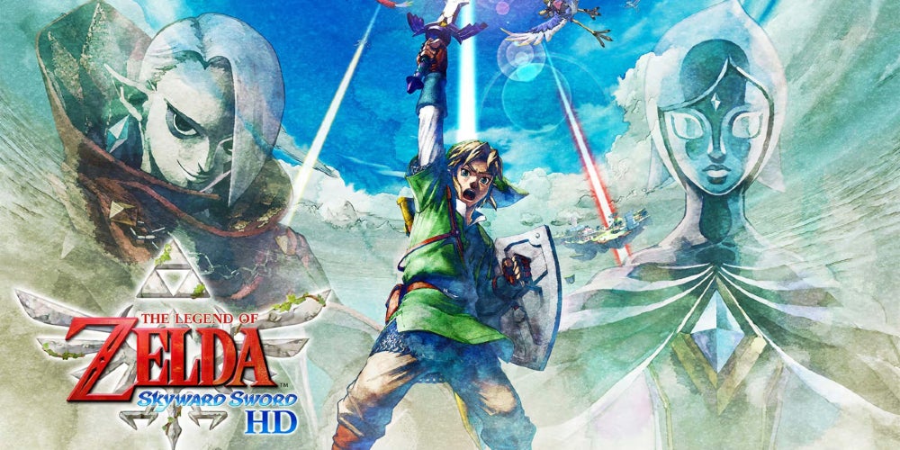 Cropped official art of the Legend of Zelda Skyward Sword HD featuring Link raising the Master Sword along with Ghirahim and Fi in the background.