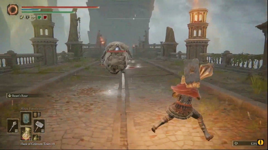 The player facing a rotund and pale enemy wielding a large thrusting sword.