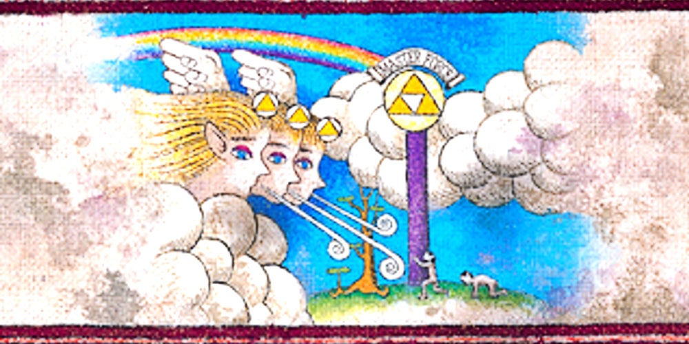 Three golden haired goddesses blowing life onto the world. There are clouds, a blue sky, and a rainbow in the background.