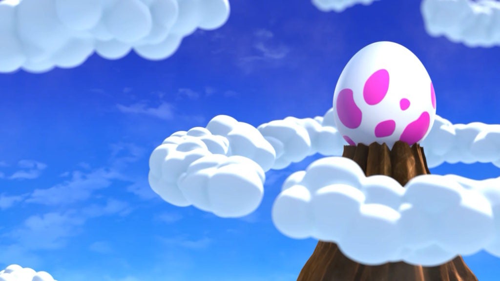 Title screen without the text from The Legend of Zelda: Link's Awakening. There is a giant white and purple egg on top of a mountain surrounded by blue skies and white clouds.