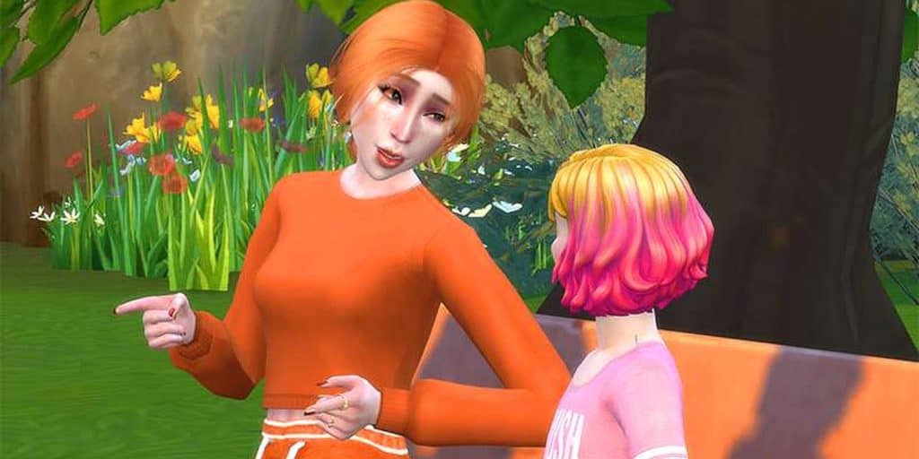 A Sim talks to a child in the Not So Berry Challenge in The Sims 4.