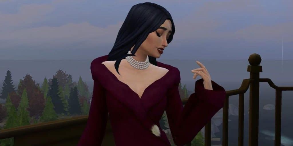 A beautiful woman admires her dress in The Sims 4.