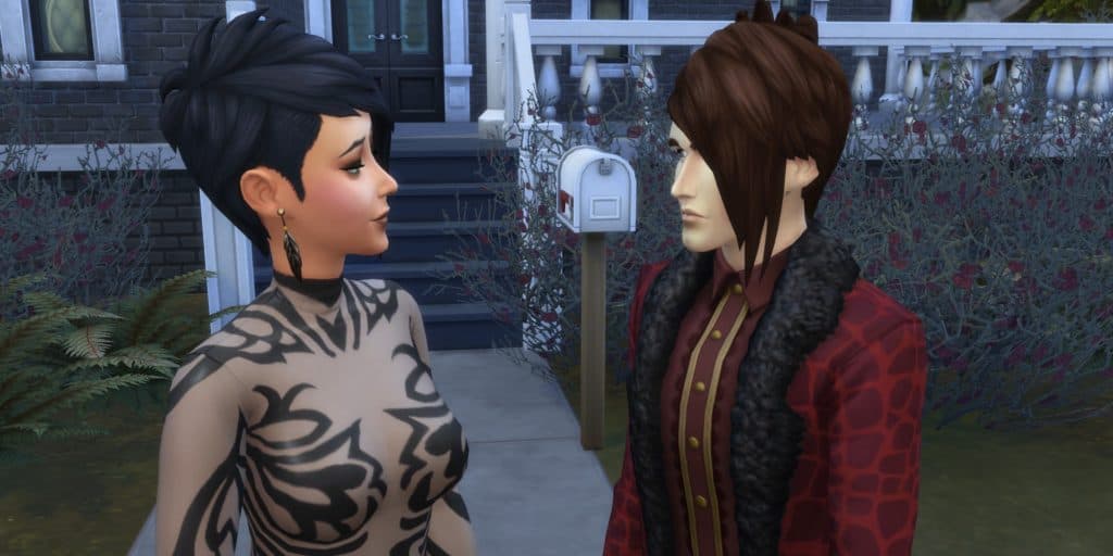 A woman talks to a vampire in the Sims 4.