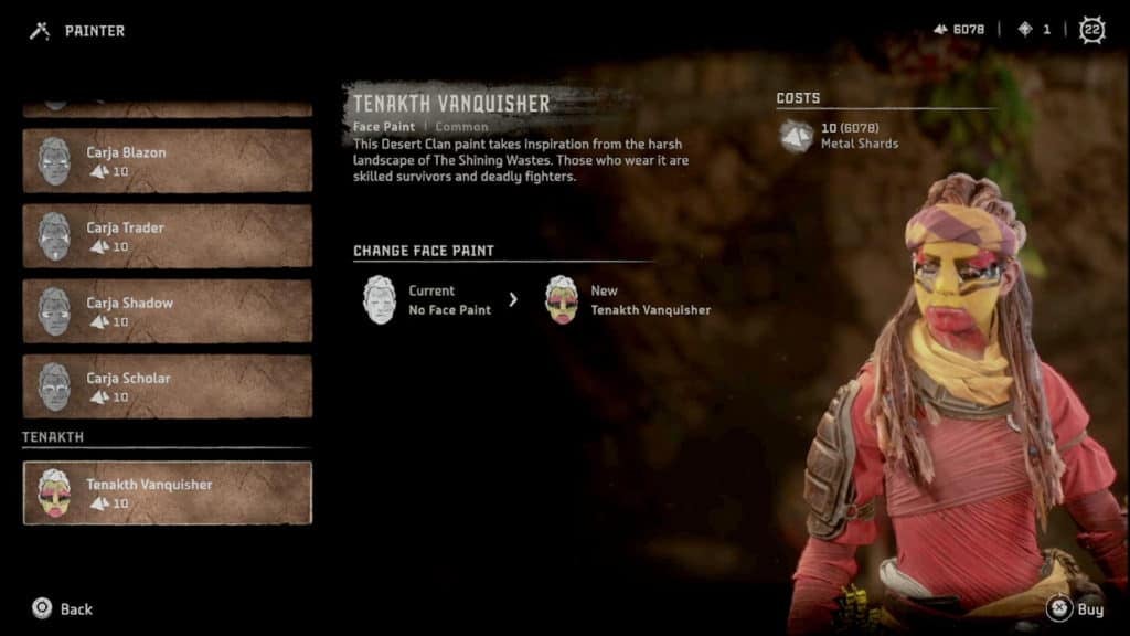The player equipping Aloy with the Tenakth Vanquisher Face Paint, which colors her visage red, yellow, and black.
