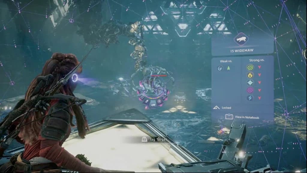 Aloy looking at a Widemaw being created by the cauldron's core.