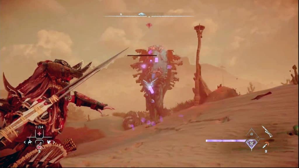 Aloy throwing an explosive spike at a Slitherfang. The spike looks like a metal javelin.