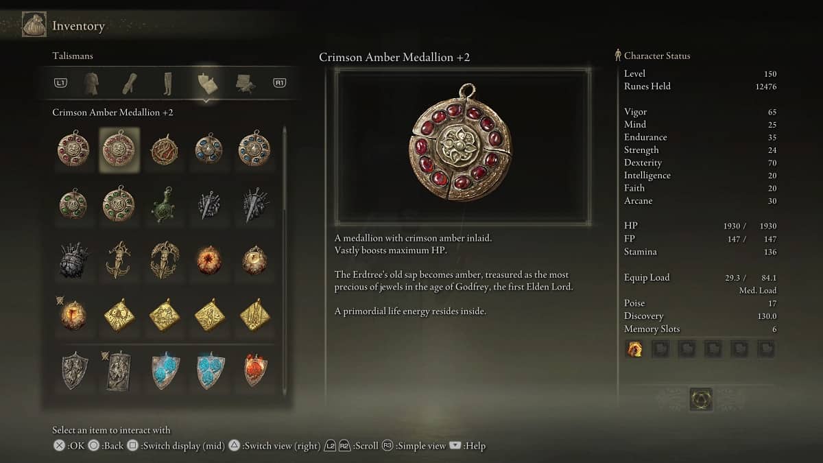 The Crimson Amber Medallion +2 from Elden Ring.