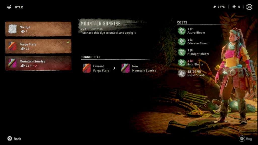 The player looking at the cost for dying the Oseram Explorer armor. The cost is shown on the right and needs 4 different types of Blooms and Metal Shards.