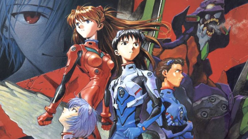 Shinji stands with the rest of the cast in cover art for Neon Genesis Evangelion