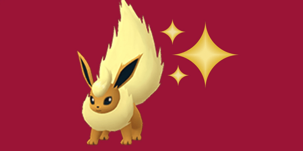 A Shiny Flareon with a red background.