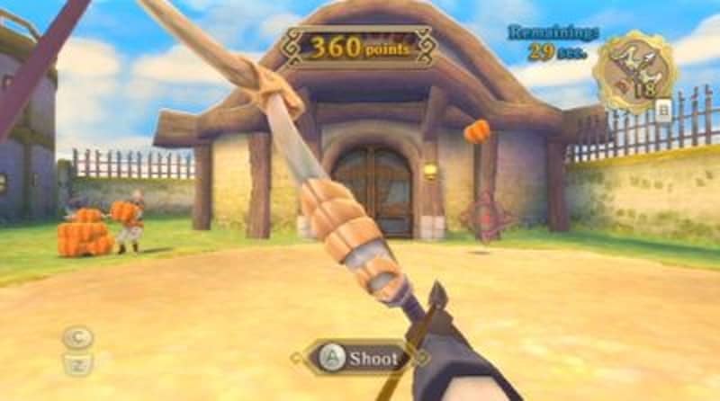 Link aiming a bow while Fledge throws pumpkins at him.