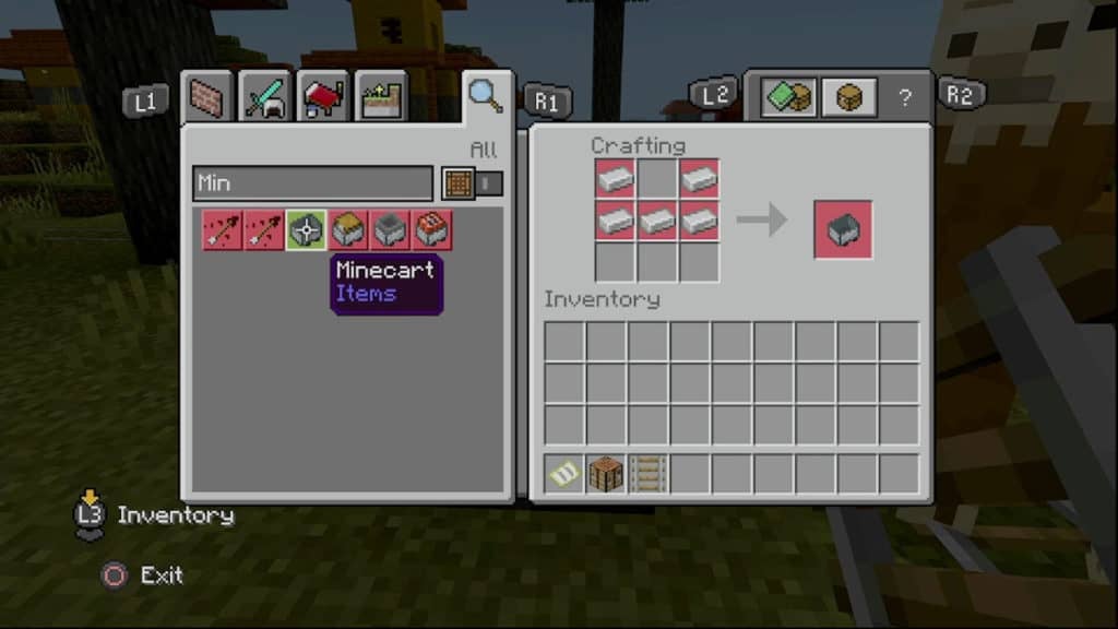 The crafting recipe for a Minecart, which uses 5 Iron Ingots in a shallow "U" shape.