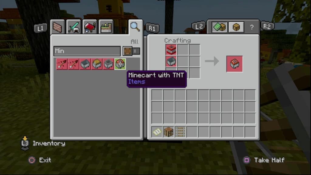 Making a Minecart with TNT by combining a Minecart and a TNT on a Crafting Table.