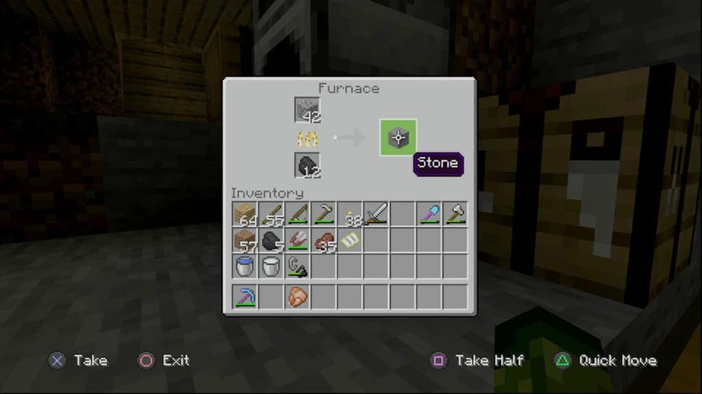 The player smelting cobblestone in a furnace to make stone.