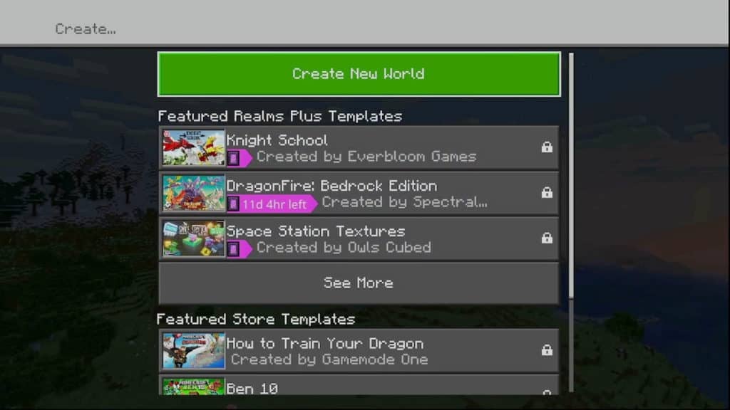 The Create menu showing the "Create New World" button at the top of the screen. Below the green button, there are a bunch of templates that players can select.