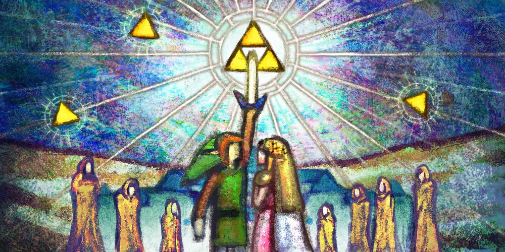 Tapestry-like art of Link and Zelda standing together while Link raises his sword. Above them, the Triforce separates into 3 pieces.