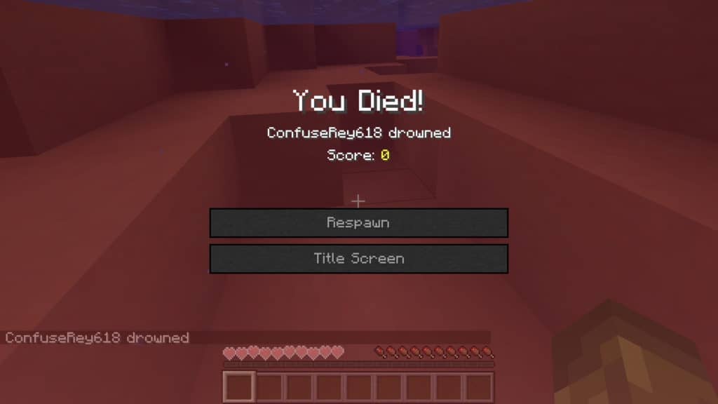 The death screen in Minecraft that appears after a player drowns. The text "You Died!" is at the top an the screen has a red overlay.