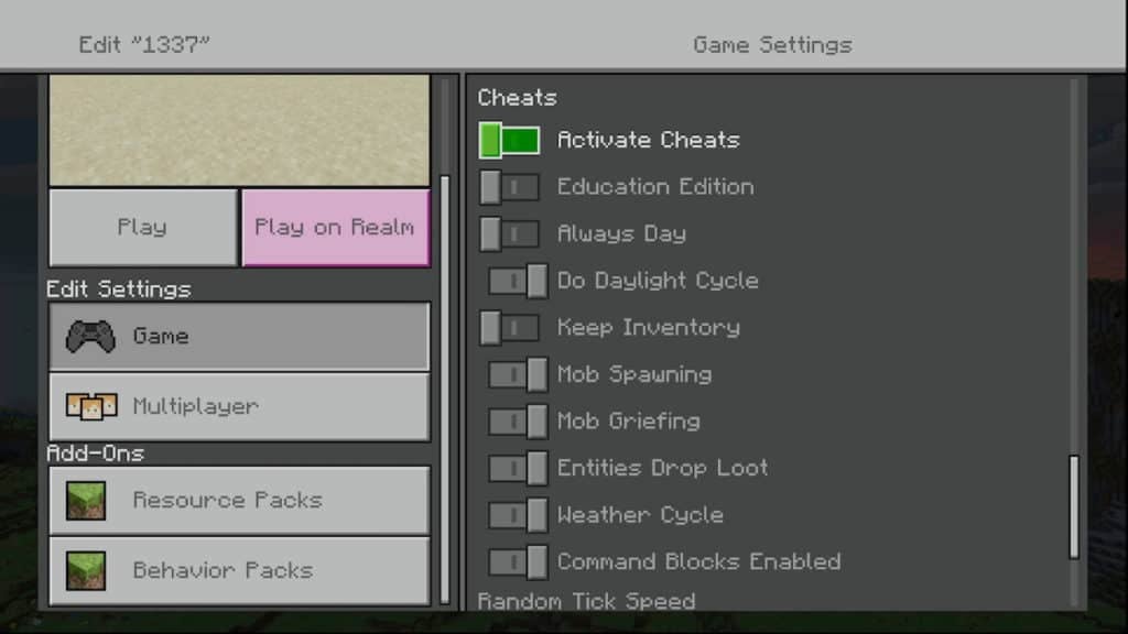 A player highlighting the "Activate Cheats" switch in the game settings of the bedrock edition of Minecraft.