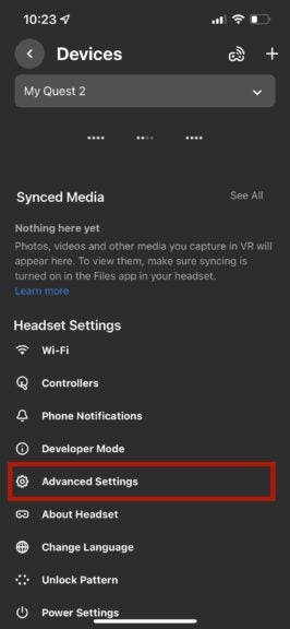 "Advanced Settings" highlighted under Devices.