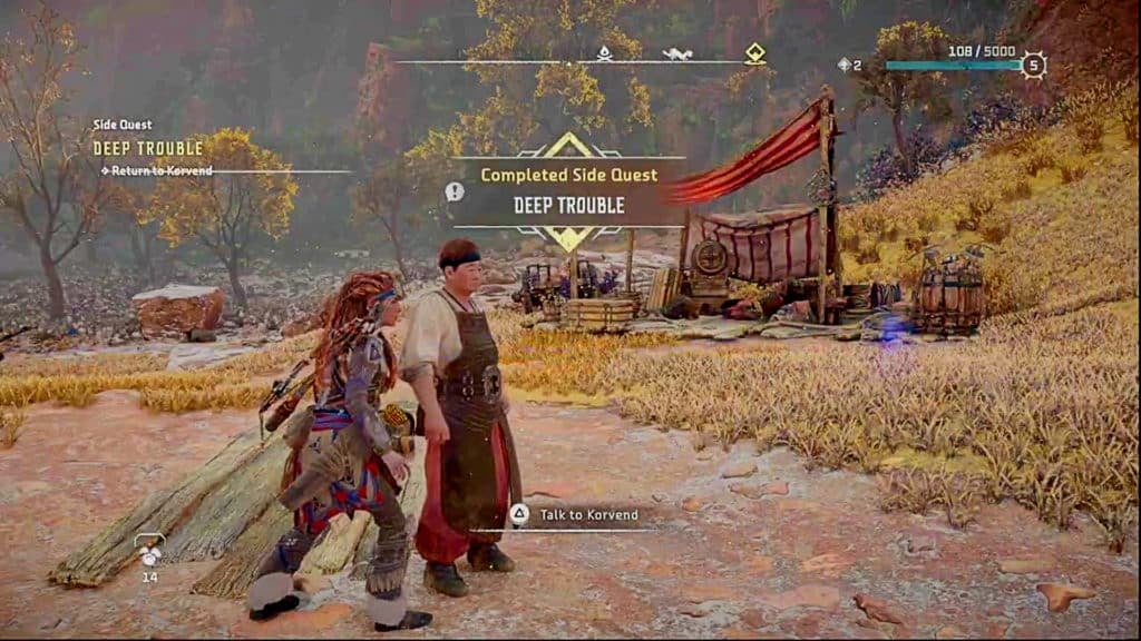 Aloy completing the Deep Trouble quest by speaking with Korvend in the barren field outside the mine entrance.