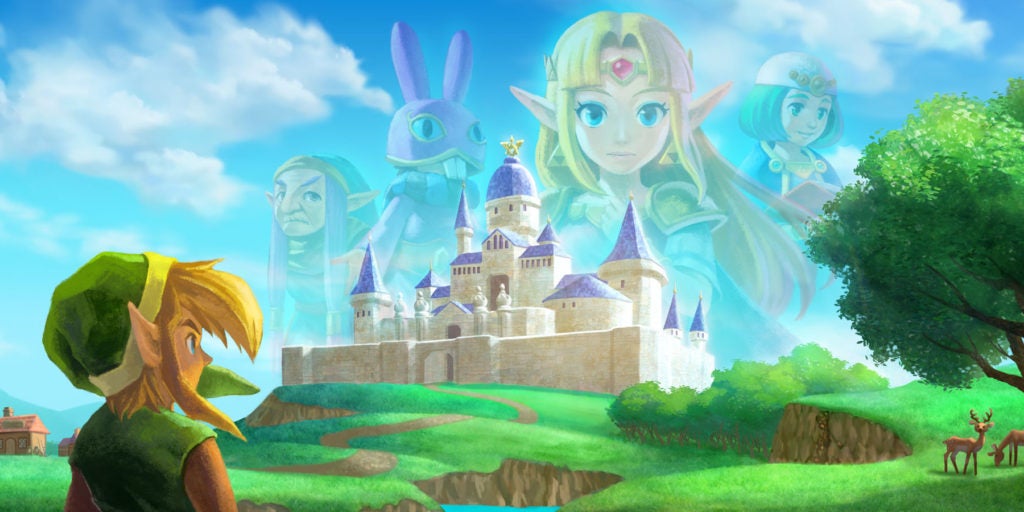 Link staring at a castle in the distance where visions of Zelda and a few other characters hover in the sky above it.