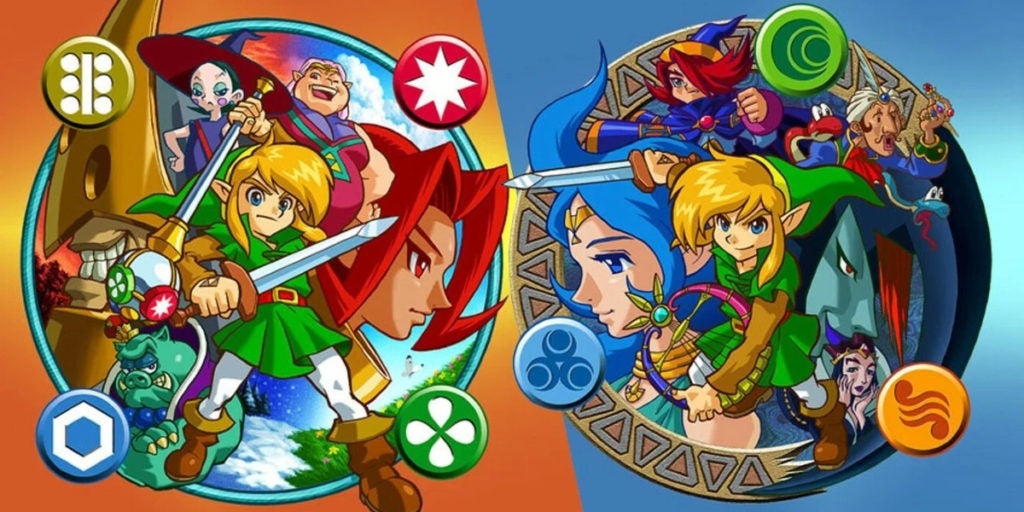 Official art for the Legend of Zelda Oracle of Seasons and the Legend of Zelda Oracle of Ages. The characters from Oracle of Seasons is on the left over an orange background while the characters from Oracle of Ages in on the right over a blue background.