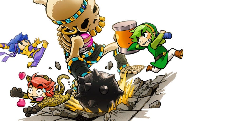 Link and two lookalikes fighting a giant skeleton.