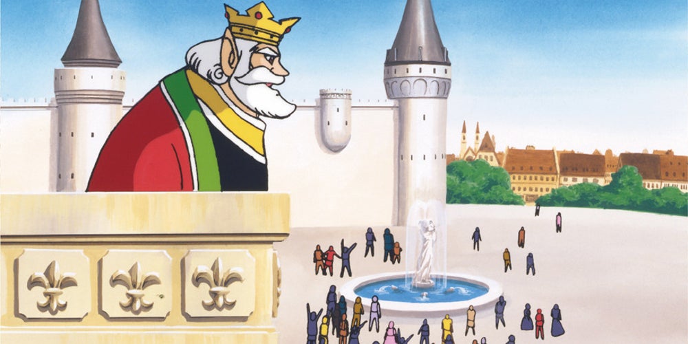 A crowned king with a white beard looking at a fountain surrounded by villages from his castle's balcony.