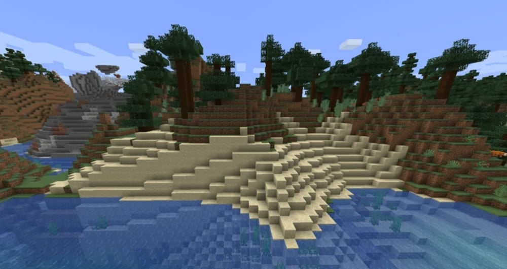 A biome with sand by some water.