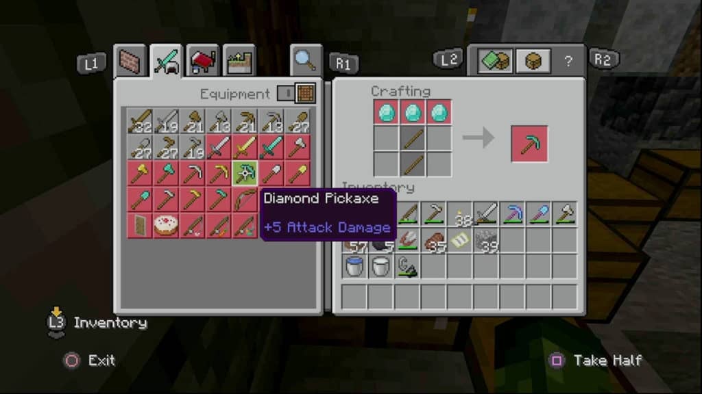 Player crafting a Diamond Pickaxe on a Crafting Table, which uses 3 Diamonds and 2 Sticks.