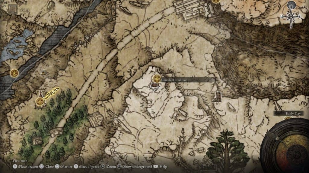 The Church of Inhibition shown on the map in Elden Ring.