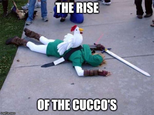 A person lying on the ground dressed as Link with a cucoo plushie on their back.