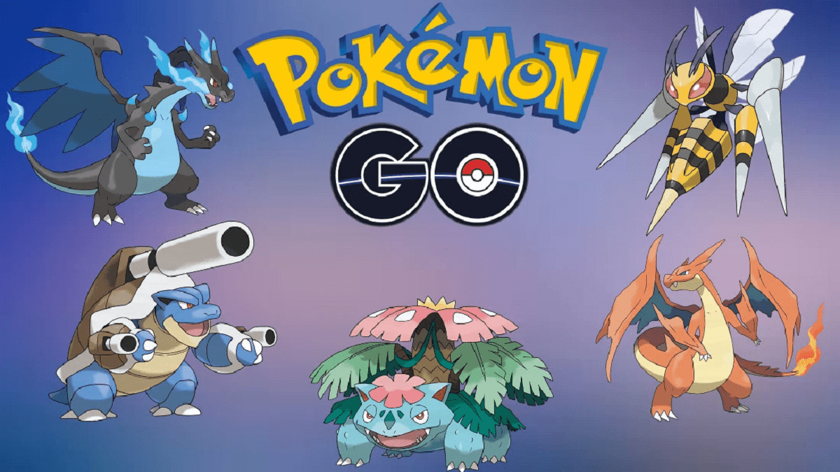 Pokémon GO logo with a group of Pokémon that can be Mega Evolved.