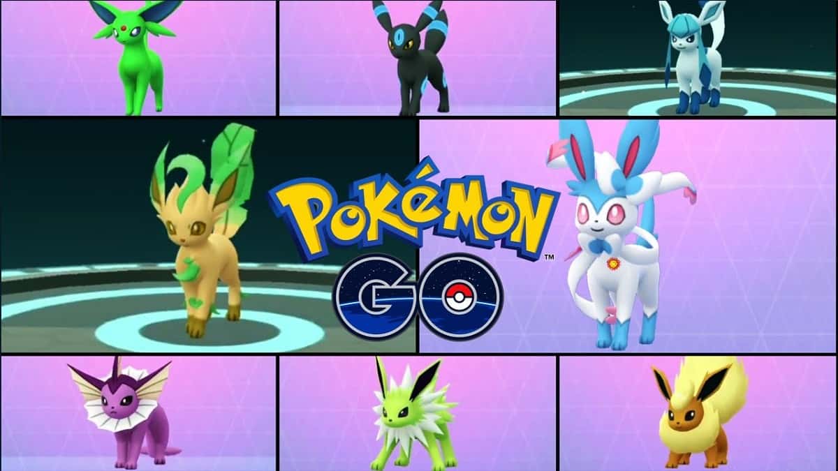 All the Shiny Eevee evolutions with the Pokémon GO logo in the middle.