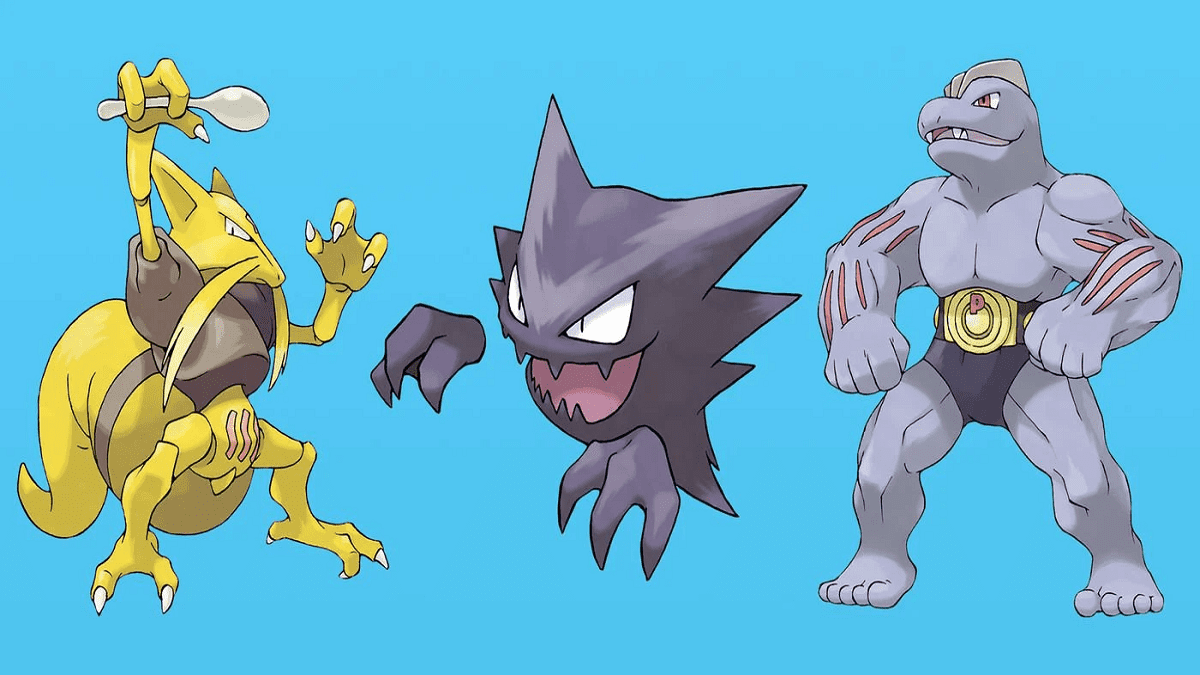 Kadabra, Haunter, and Machoke with a blue background.