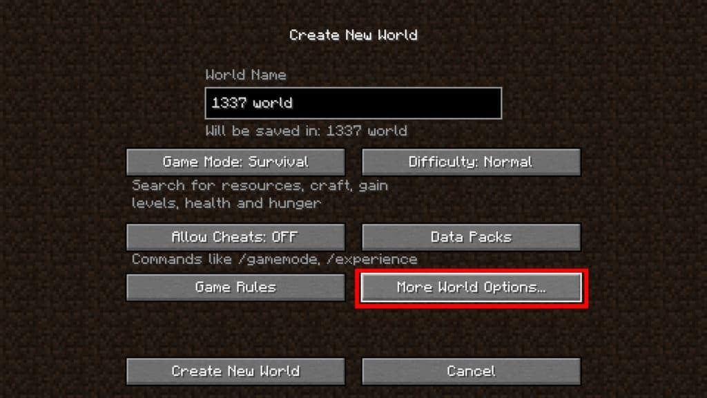 The Create New World menu with the "More World Options" button outlined in red.