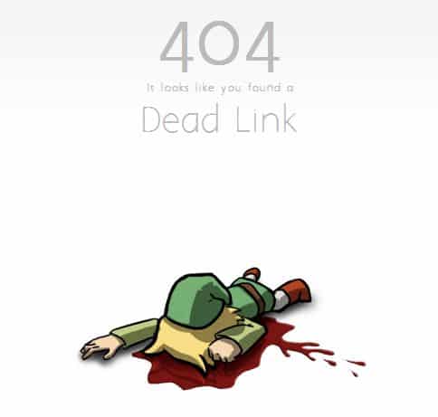 A play on words showing both the 404 message when you reach a dead website link next to a literal dead Link from the Legend of Zelda games.