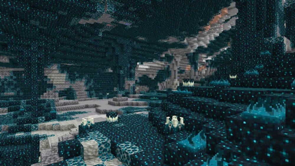 A cave full of dark blue blocks called "Sculk".