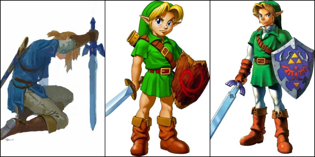 In the left image, adult Link is kneeling in defeat, in the center image, a child Link stands, and, in the right image, and adult Link is standing.