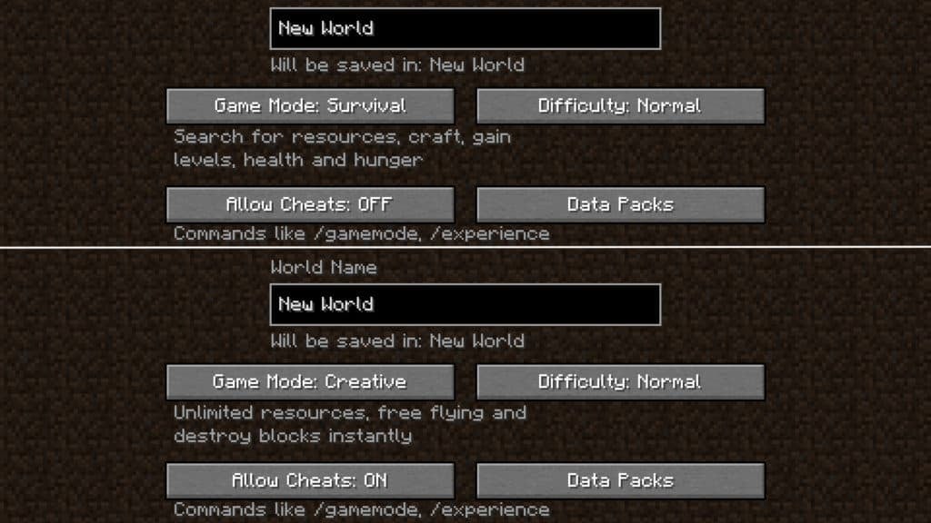 Split image where the top shows the description of survival mode and the bottom shows the description of creative mode.