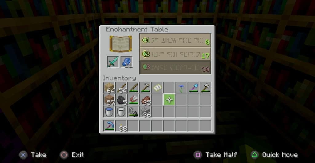 A view of the enchantment table menu where there is a diamond sword and some lapis lazuli in it.