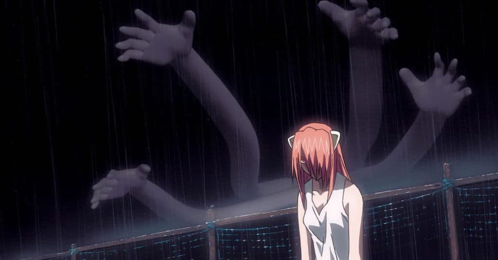 Scary screenshot from the Elfen Lied anime series.