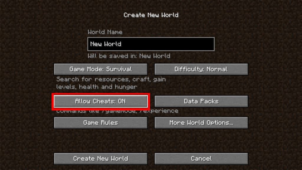 The cheat option turned on and outlined in red in the create new world menu.