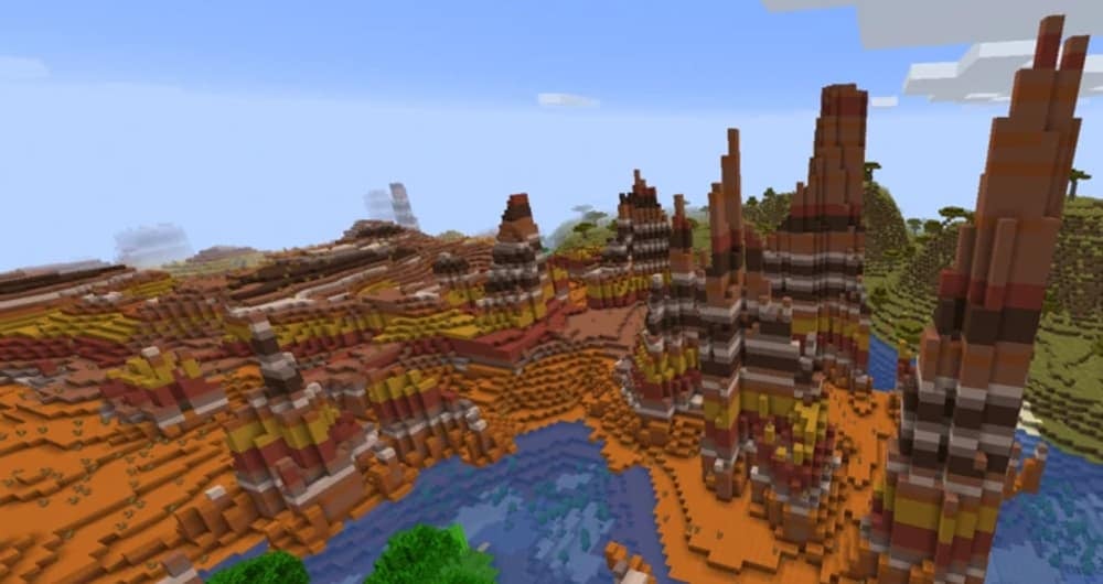 A badlands biome with tall spikes and full of red sand and terracotta.
